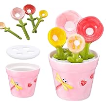 Flower Pot Measuring Spoons Set, Ceramic Measuring Spoons with Base Holder, Cute Flower Figurine for Dry & Wet Ingredients, 1 Tbsp, 1 Tsp, 1/2 Tsp, 1/4 Tsp, Dishwasher Safe Pink