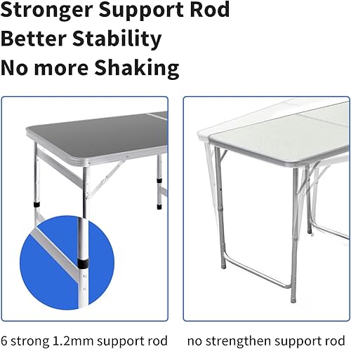 Miniatura 6 de Mesa plegable de 6 pies de altura ajustable, mesa portátil de aluminio con asa, mesa triple para exteriores, picnic, barbacoa, fiesta, color negro
