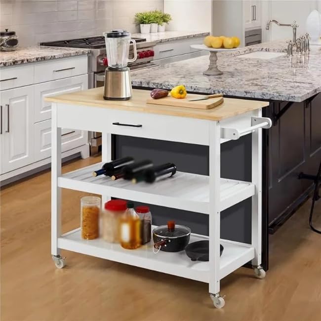 Wooden Kitchen Cart with Storage Shelves and Drawer Multi-Purpose Rolling Kitchen Furniture Rolling Storage Cart-QNjjjVol