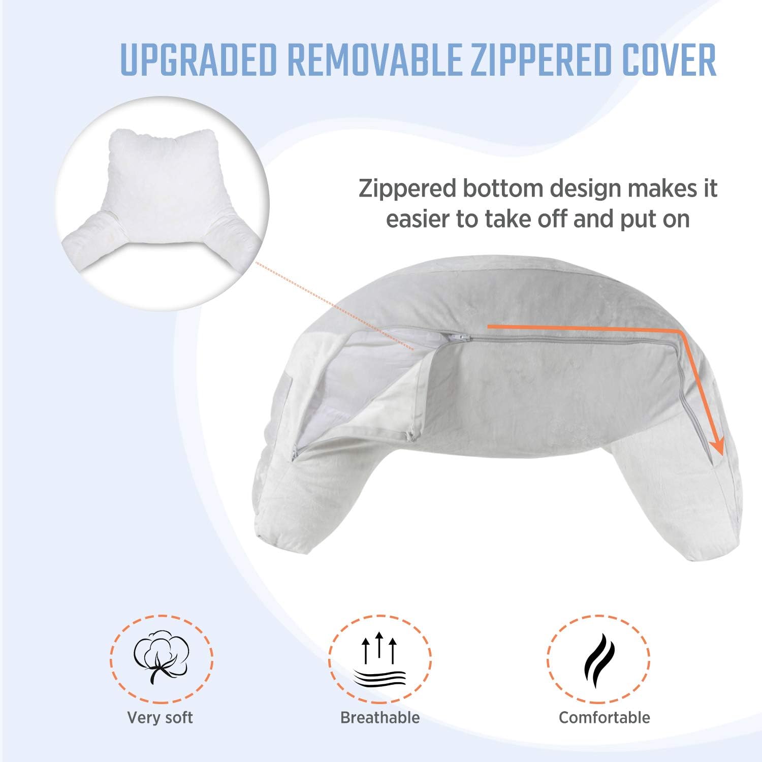 EAGLE PEAK Medium Shredded Memory Foam Reading Pillow, Bed Rest Pillow with Arms and Pockets, Back Support Cushion for Adults, Teens While Reading, Watching TV, Relaxing (Light Gray)