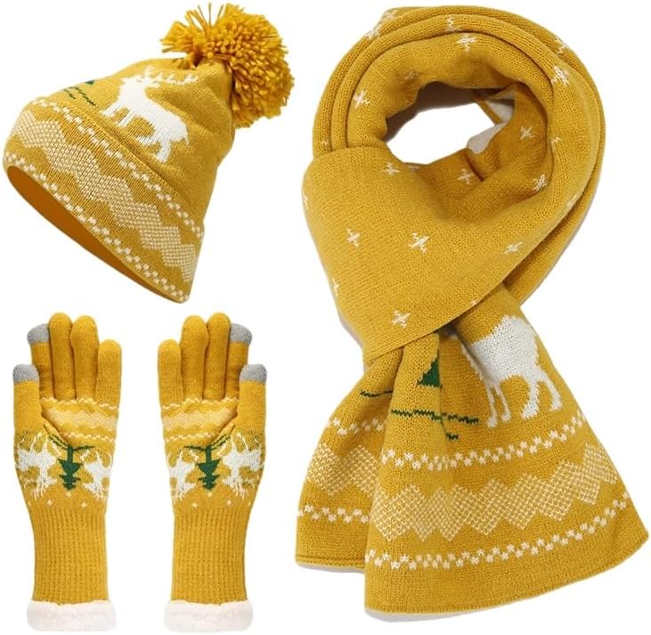 Christmas Reindeer Jacquard Knit 3-Piece Set, Pom Pom Beanie Scarf Gloves, Winter Holiday Touchscreen Accessories