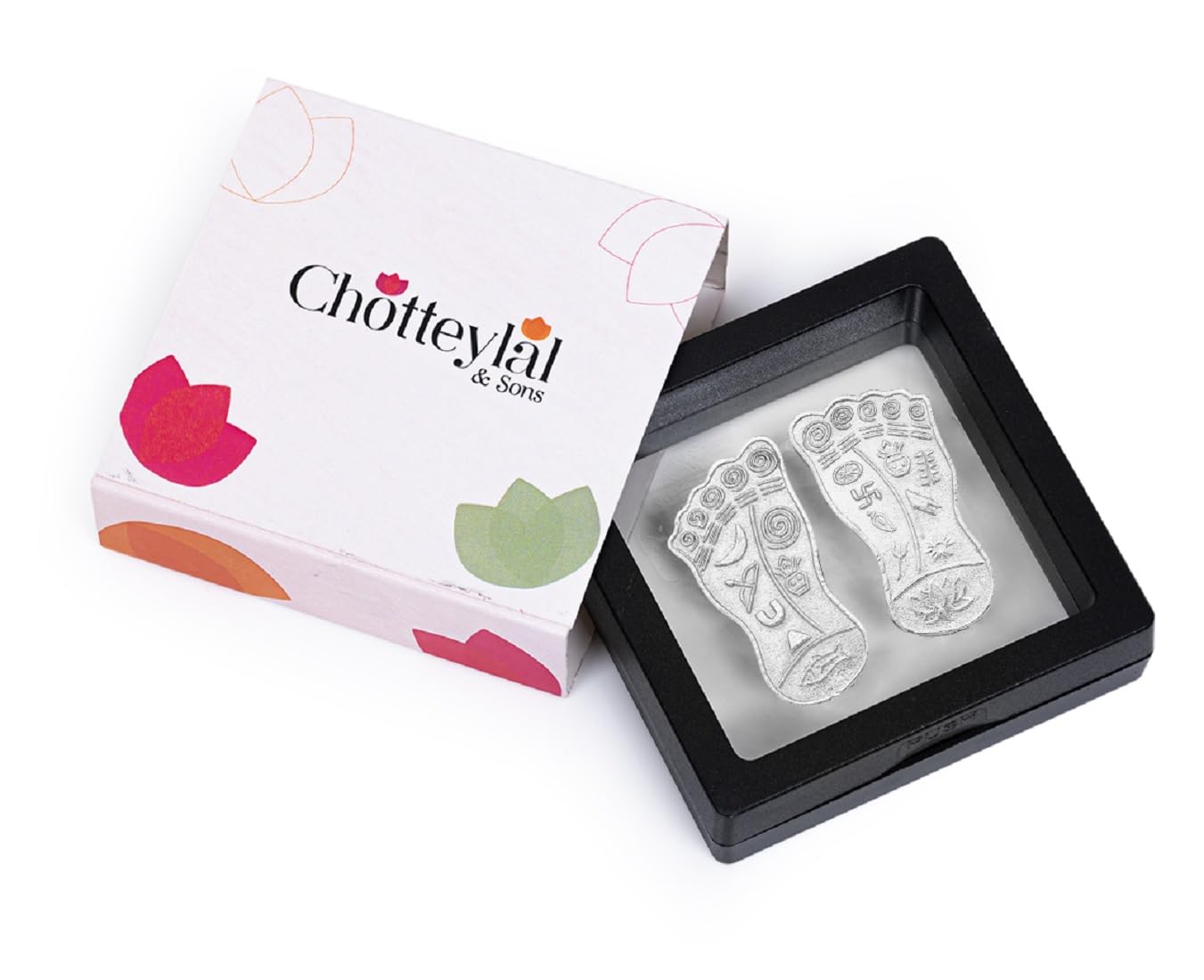 Chotteylal and Sons Lakshmi Charan 999 Purity Silver Paduka with Unique Design and Elegant Packaging For Home Office and Mandir