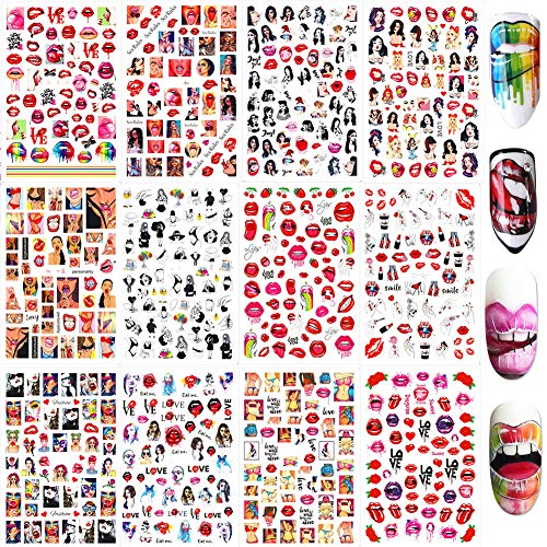 Lips Nail Art Stickers Decals Nail Art Supplies Valentine's Day Self-Adhesive Nail Decorations Accessories Fashion Manicure Designs Sexy Lips Girl Self Adhesive 12 Sheets