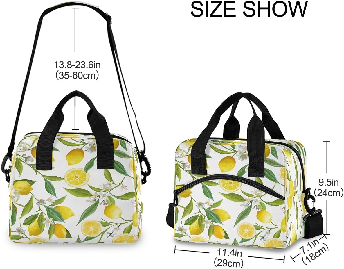 senya Lemon Flowers Lunch Bag Insulated Reusable Tote Bag for Girls Boys Women Men Thermal Cooler Bag with Adjustable Strap for Work School