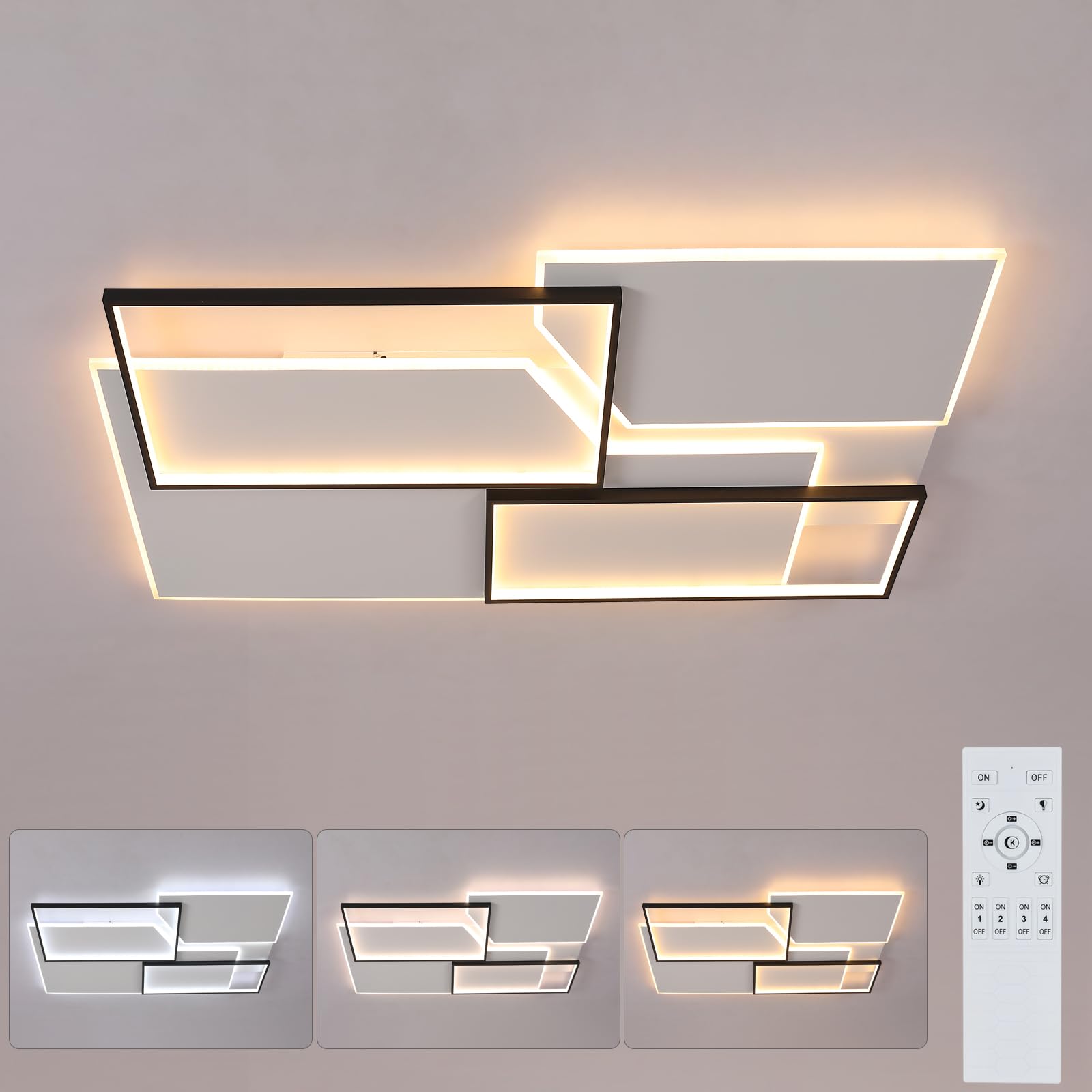 Lámpara de Techo LED 110CM, 80W 9000LM Plafón LED Regulable con Mando a Distancia, 3000K-6000K, Geometría Diseño Luz de Techo Moderna para Dormitorio, Sala de Estudio, Comedor, Negro y Blanco
