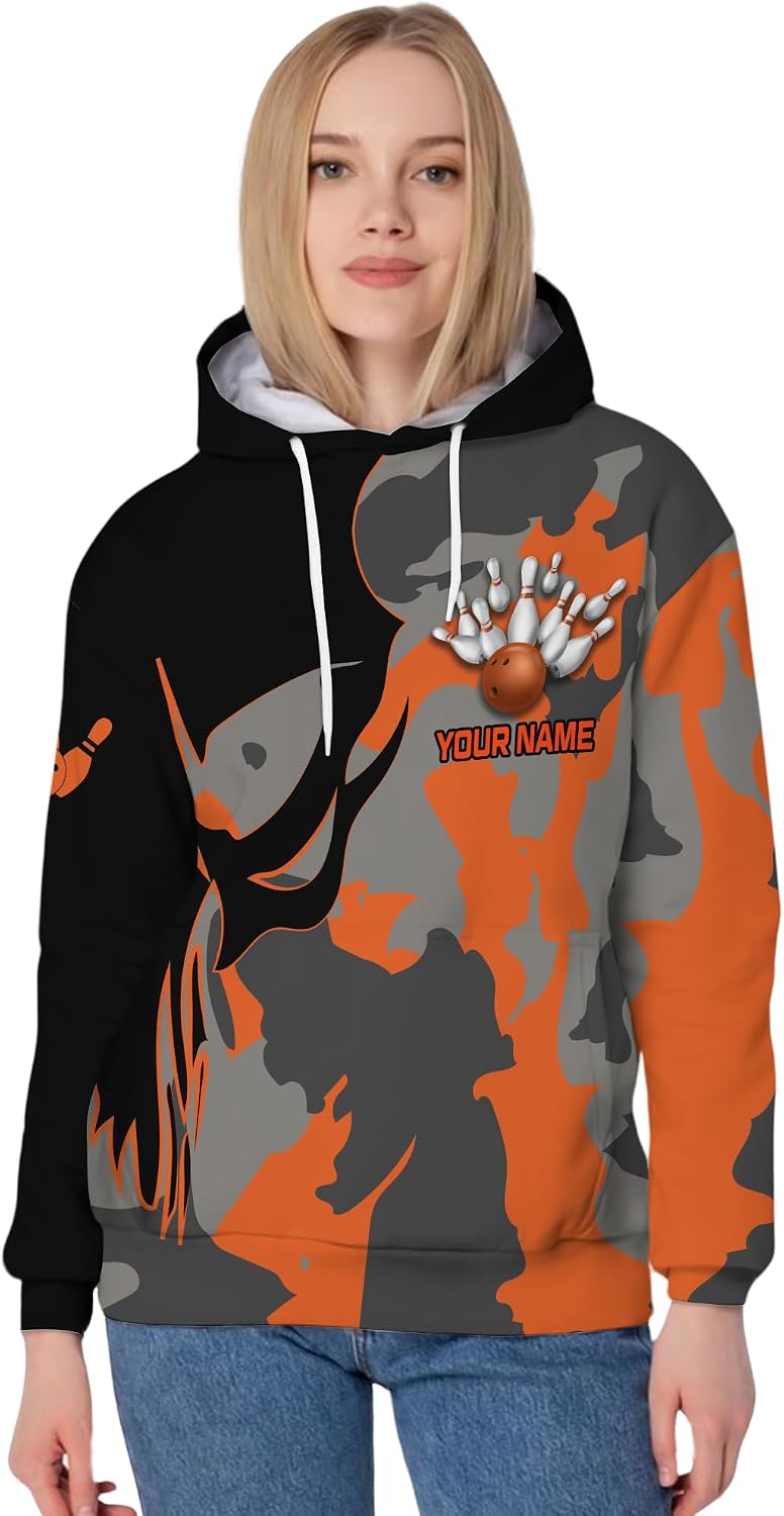 Unisex Bowling Hoodie Custom Camouflage Bowling Ball Long Sleeve Shirt For Bowling Team Print Bowling Themed Apparel