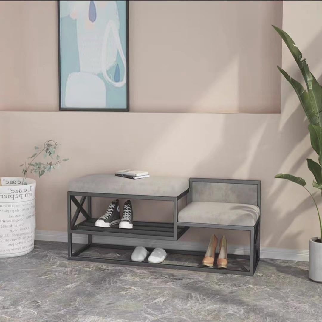 Banc d'entrée étroit avec coussin et étagère à chaussures réglable en métal pour petit salon