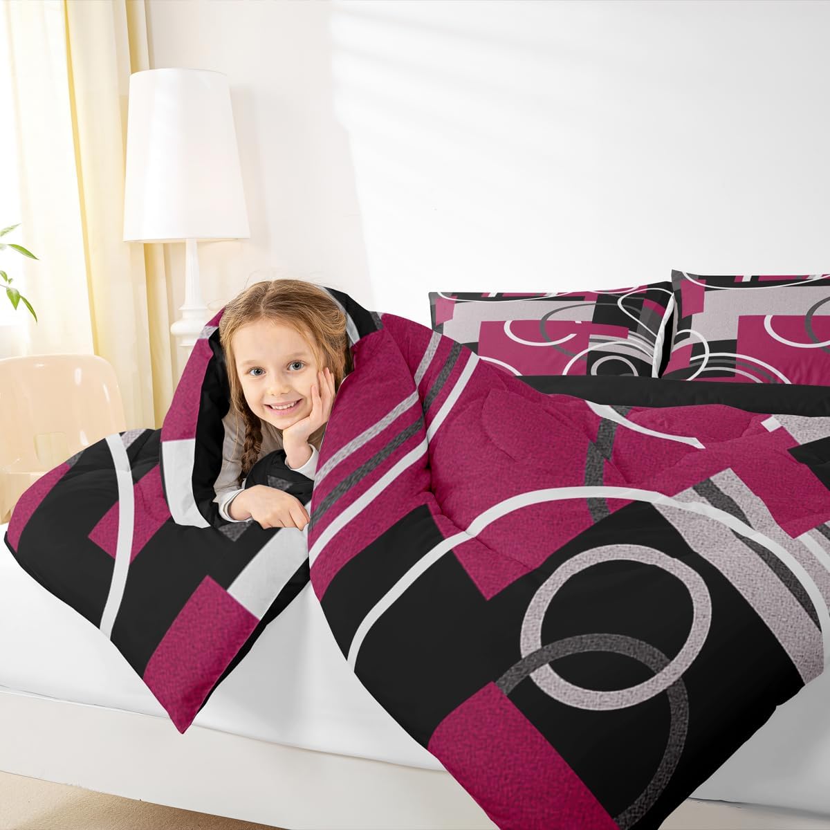 Erosebridal Modern Red Gray Black Bedding Full Size Abstract Circles Striped Comforter Set Geometric Spiral Checkered Duvet Insert Chic Texture Quilted Comforter Bedroom Decor with 2 Pillow Covers