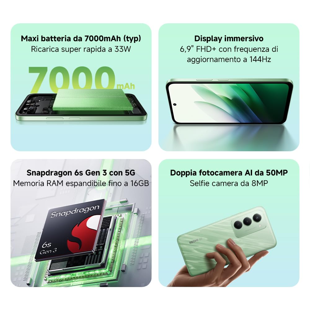 Xiaomi Redmi 15 5G, Smartphone 8+256GB, Display FHD+ da 6,9" 144Hz, Snapdragon® 6s Gen 3, Camera principale da 50MP, 7000mAh, Garanzia di 2 anni, Nero, Caricabatterie non incluso