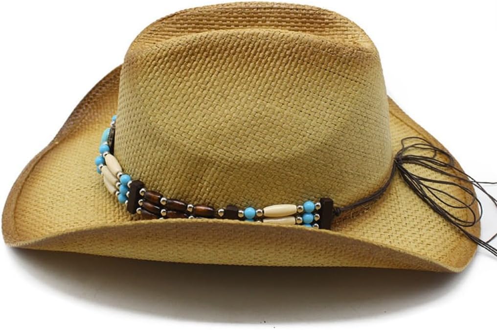 Western Cowboy Hat with Turquoise Beaded Band, Straw Woven, Tan Color