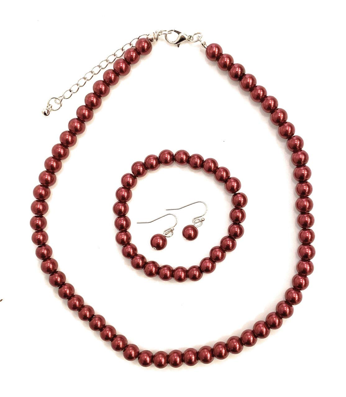 CapriliteBurgundy Wine RED Classic Faux Pearl Necklace Earrings & Bracelet Jewellery Set Vintage