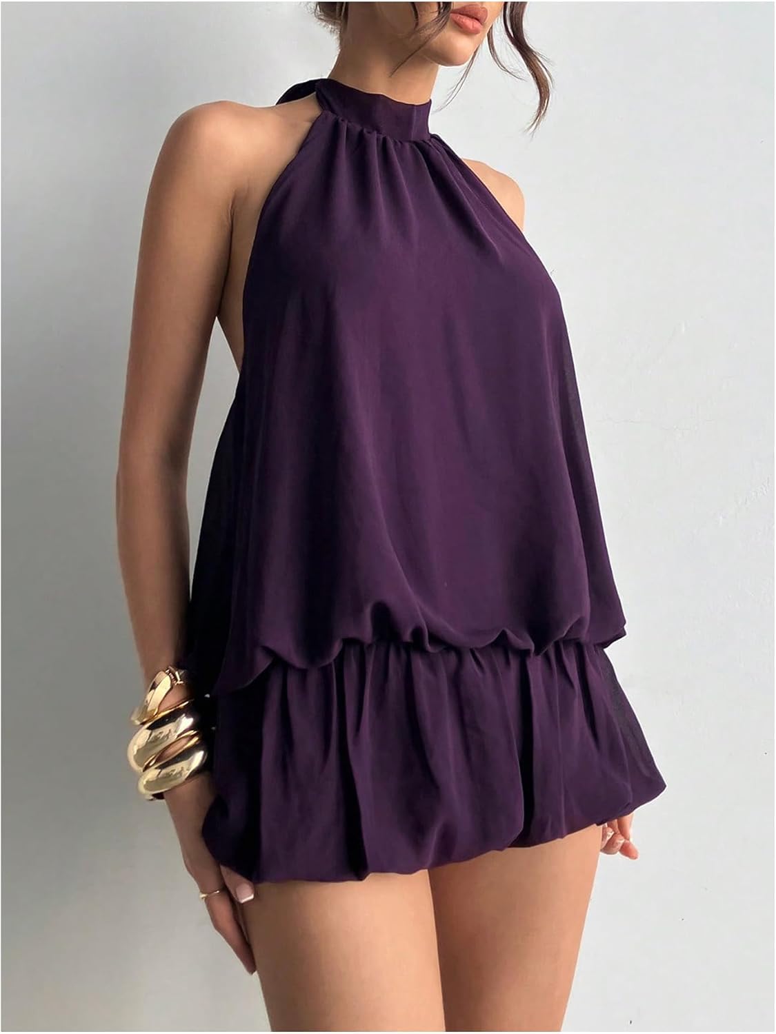 Floerns Women's Y2k Summer Halter Dress Tie Open Back Sleeveless Ruffle Hem Bubble Going Out Mini Dresses - Image 4