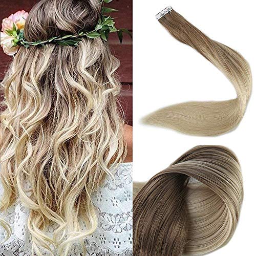 [Promotion] Full Shine 20" Tape Extensions 100 Human Hair Balayage Ombre Hair Extensions Color 8 Fading To 60 Plautinum Blonde Skin Weft Tape In Hair Extensions 50 Gram 20 Pcs Per Package