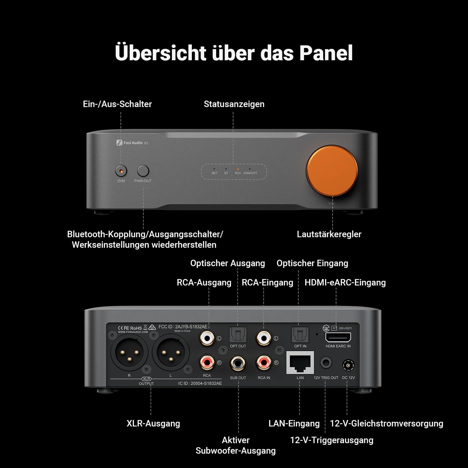 Fosi Audio S3 Hi-Fi-Musik-Streamer Digitaler-Vorverstärker, AK4493SEQ DAC, Wi-Fi 6, Bluetooth 5.3, mit XLR-Symmetrie/Optisch/Sub-Ausgang/HDMI eARC, AirPlay 2, Spotify Connect, Tidal, 5-Band-EQ