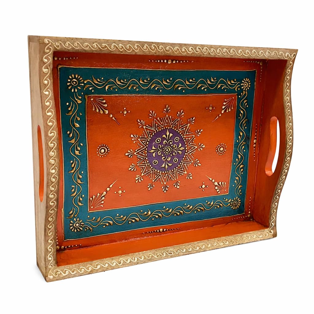 Wooden Serving Tray with Mandala Design-Handcrafted & Hand Painted-Orange & Blue- Decorative Art Premium Tray for Home Décor and Gifting (Size 15 Inch X 12 Inch)-picture-23