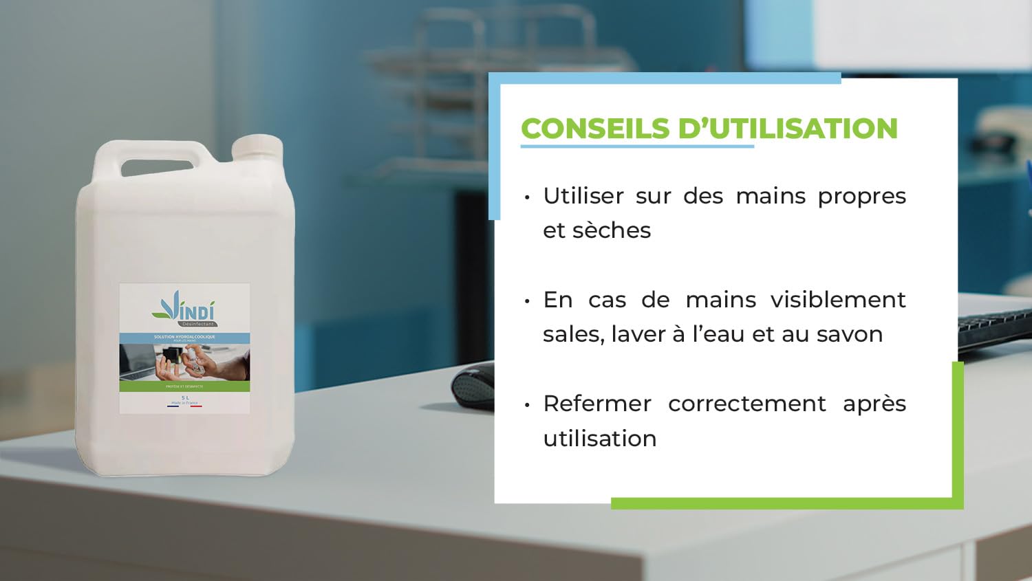 Vindi Désinfectant solution hydroalcoolique - Bidon de 5L - Fabrication Française - 76% d'alcool - Désinfection des mains et des surfaces - Virucide