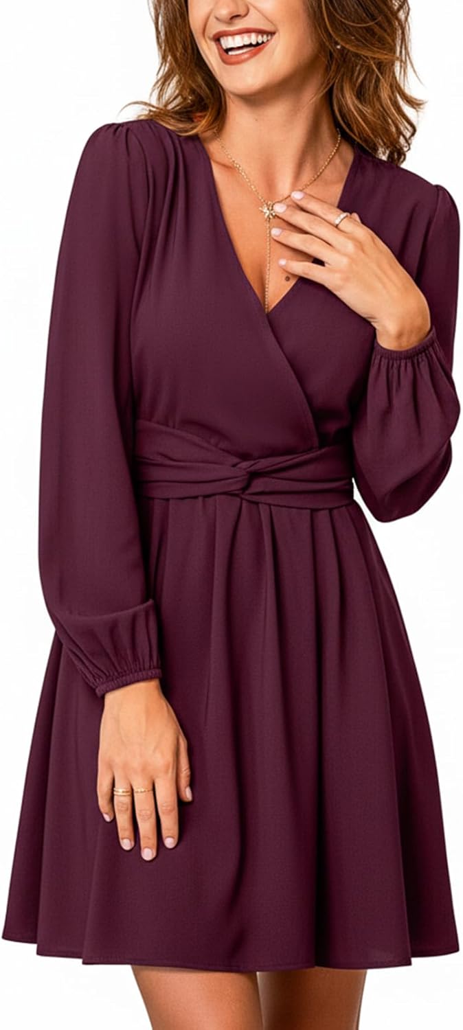 CUPSHE Women's Long Sleeve Mini Dress V Neck Elegant Cocktail Party Dress Fall Flowy Wedding Guest Dress