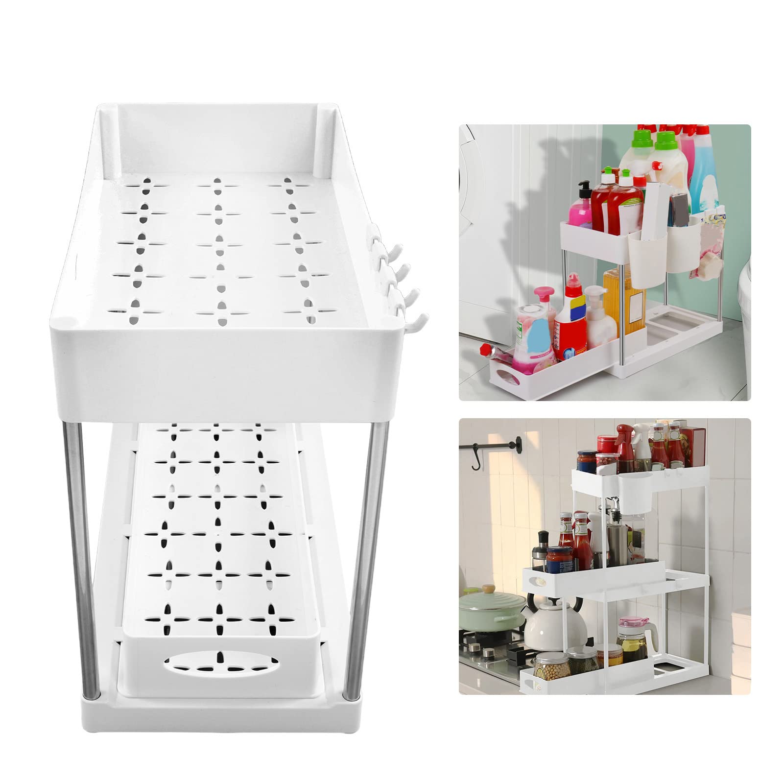 Organizer Estraibile, Scaffale Sotto Il Lavello, Cestelli Portaoggetti Estraibili, Organizer Sotto Il Lavello in ABS, Cassetti Scorrevoli Per Cucina, Bagno, Cosmetici(Bianco)