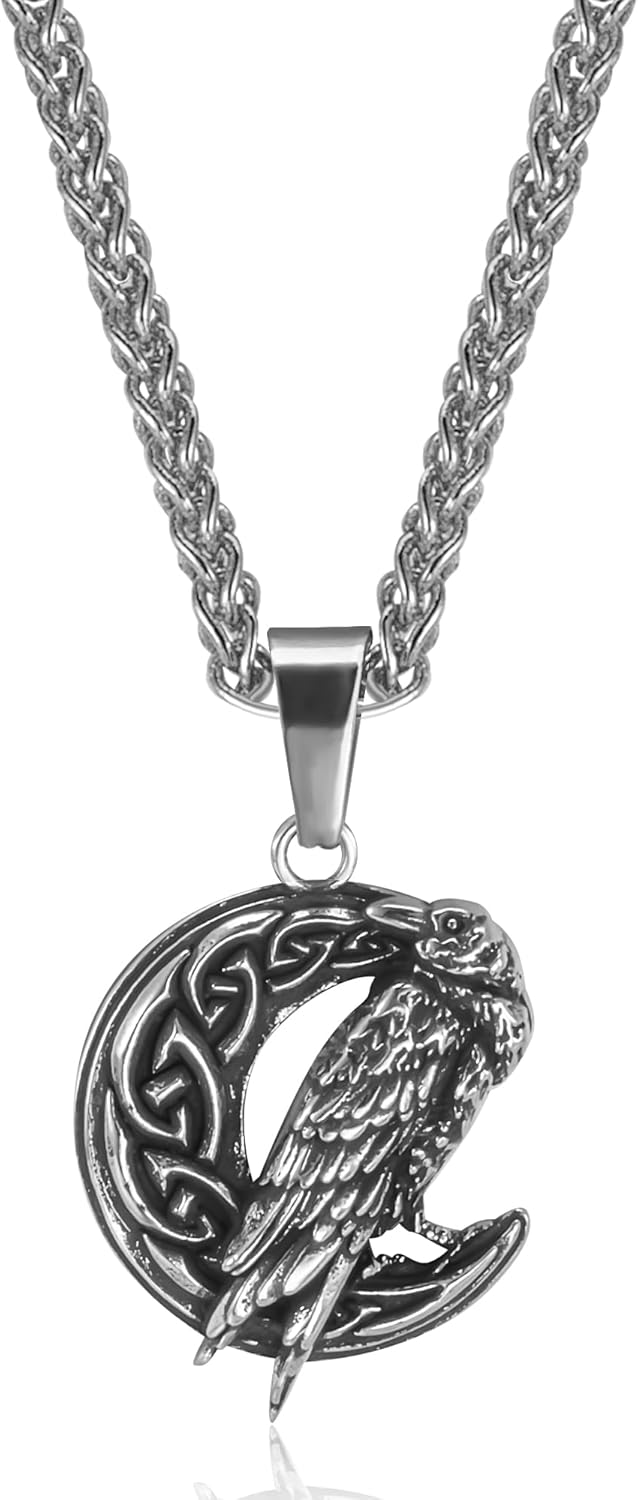 Dainty Crescent Crow Raven Necklace for Men Women Viking Gothic Vintage Jewelry
