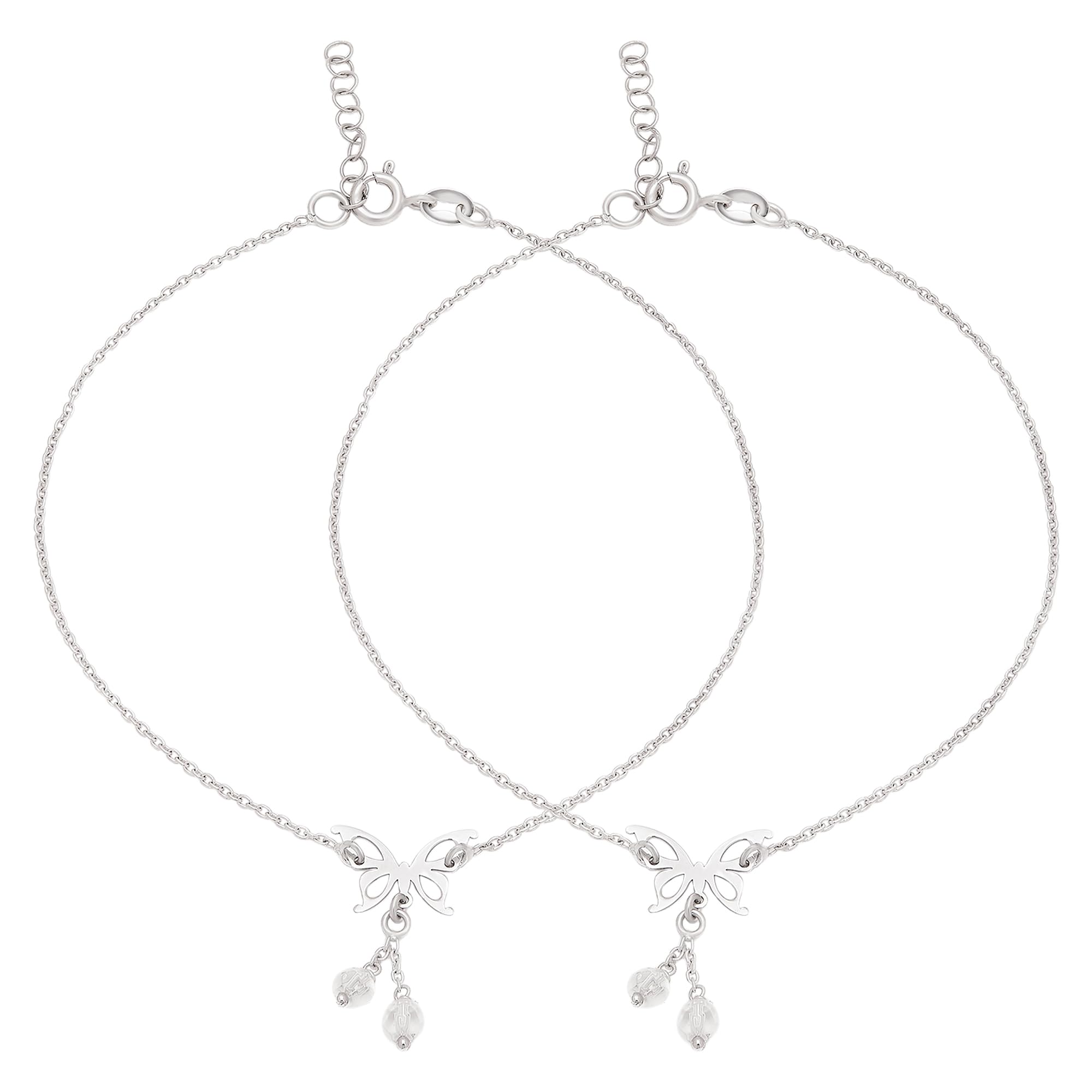 ZAVYA925 Sterling Silver Stones Butterfly Rhodium Plating Anklet (Pair) | Gift for Women & Girls | 1 Year Plating Warranty