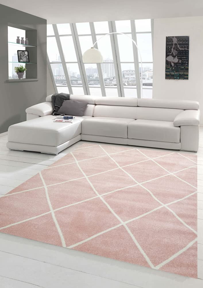 Teppich-Traum Tapis de Salon Design Scandinave Motif Diamant - Facile à Entretenir - Rose crème Blanc Größe 80 x 300 cm