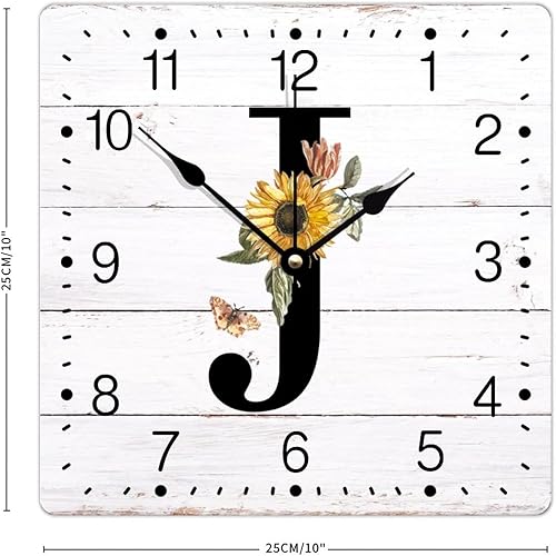 Miniatura 2 de Reloj de pared de PVC, monograma con inicial, J colgante, alfabeto, girasol, mariposa, letra única, 10 pulgadas, funciona con pilas, reloj colgante
