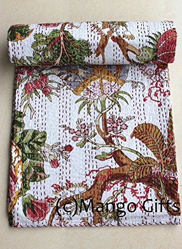 Mango Gifts überwurf für Einzelbetten, Weiß, Kantha Tagesdecke, Maße: 60 x 90 cm