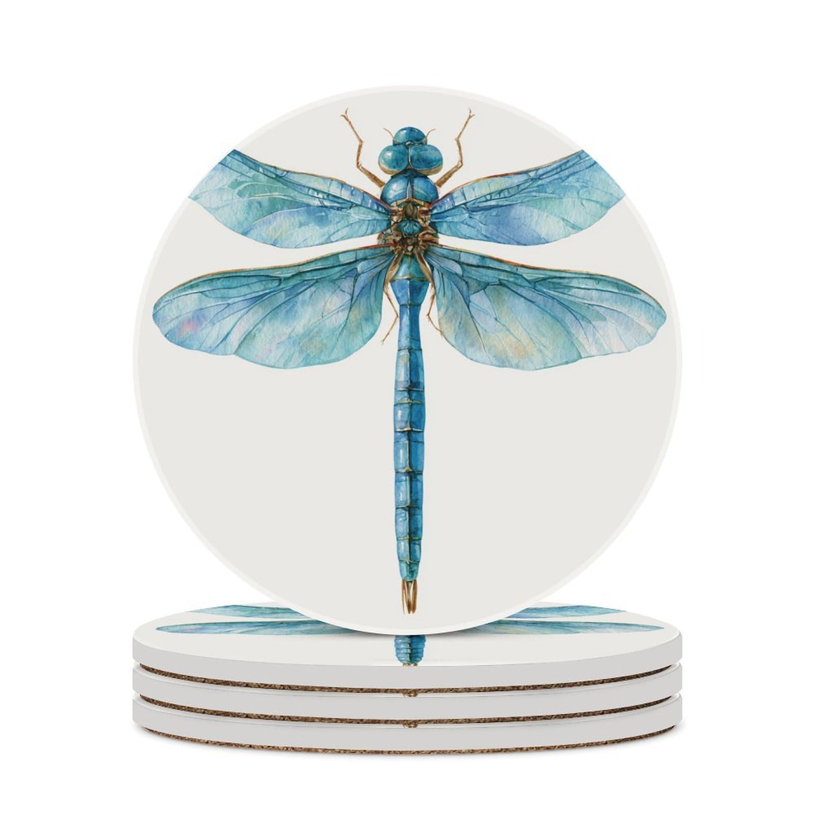 Watercolor A Dragonfly with Translucent Blue Wings Coasters Set of 4 Absorbent Coasters