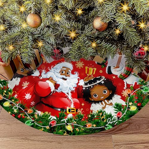 Christmas Tree Skirt 36 Inches Black Santa Claus Tree Skirt with African American and Snowman Winter Christmas Tree Mat Decorations for Home Party Holiday Indoor Outdoor