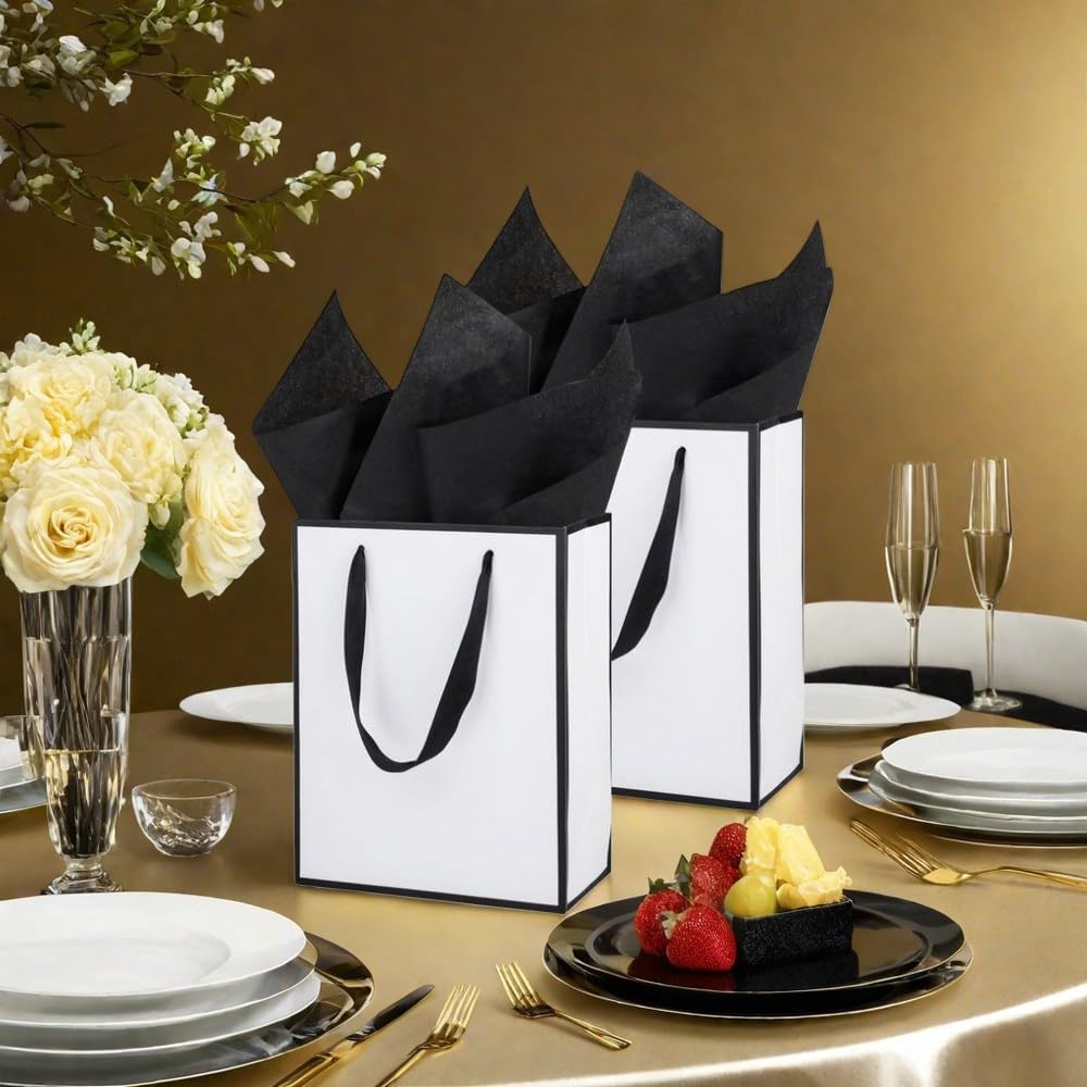 UoeRing Lot de 12 sacs cadeaux en papier métallique avec poignée et papier de soie de taille moyenne pour mariage, demoiselle d'honneur, vacances, fête d'anniversaire, cadeaux avec cartes (24,1 x 19,1