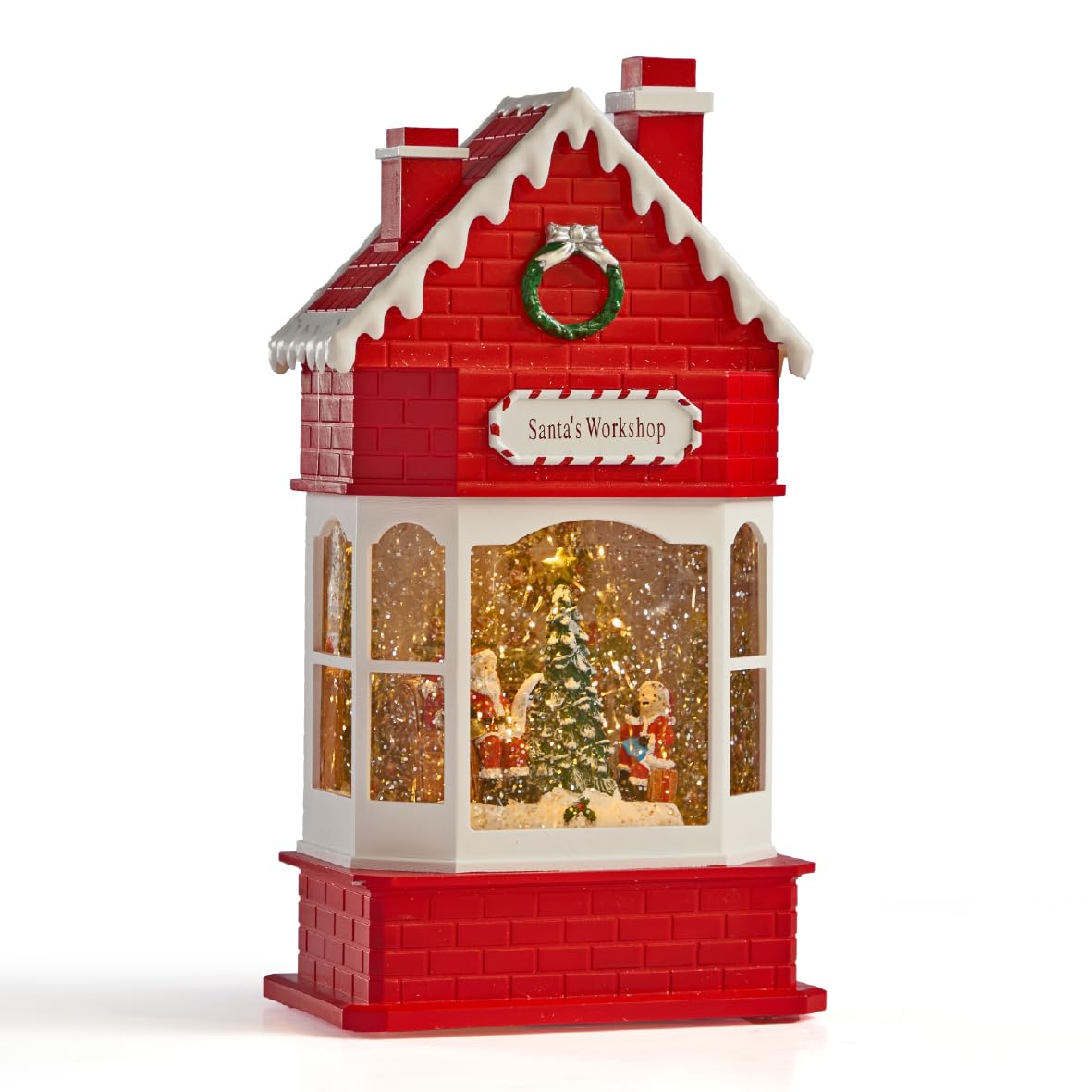 The Christmas Workshop Light-Up Snow Globe/Festive Design with Swirling Glitter and Warm White LED Glow/Battery or Mains Powered (Santa's Workshop)