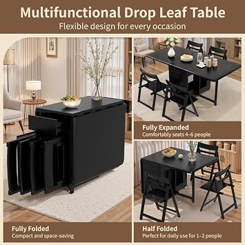 Folding Drop Leaf Dining Table and Chairs Set 4 Seater, Ready Assembled Space Saving Foldable Solid Wood Kitchen Table with Storage and Lockable Wheels (Black, 130 cm Table with 4 Chairs)