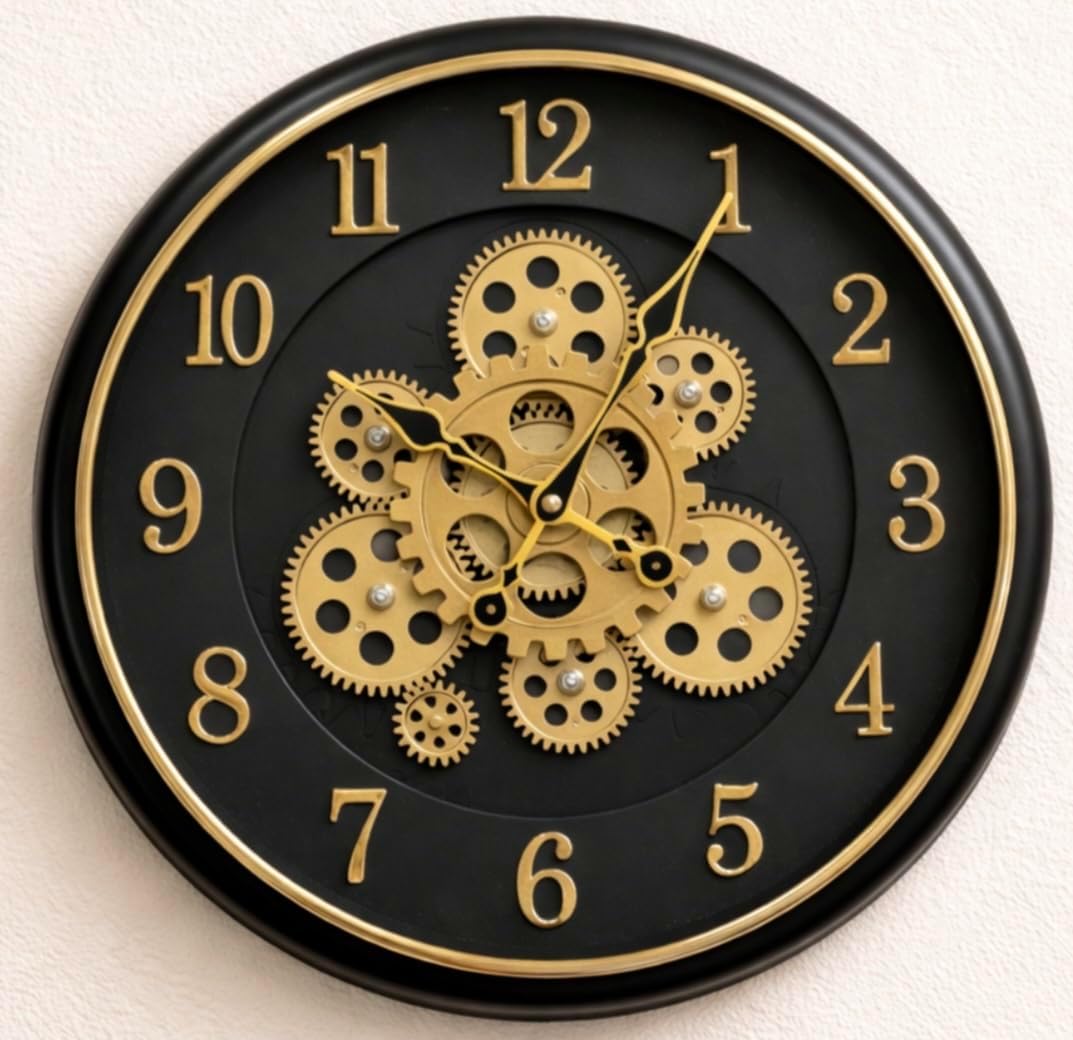 Large Size 35 cms Rotating Real Moving Gears Wall Clock Designer Wall Clock for Living Room Home Decor Plastic Round 14 Inch (Black Golden)