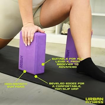 Urban Fitness Yoga Brick Pair, High-Density EVA Foam Set of 2 Yoga Blocks for Stretching, Pilates, Support, Balance, Stability, Flexibility, Posture, Core Strength, Home Gym Accessory, Purple