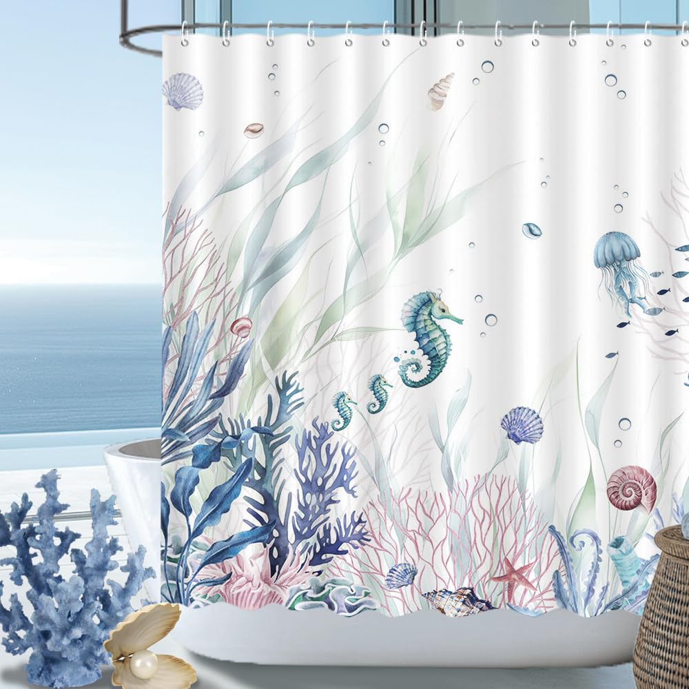 Rideau de douche anti moisissure en tissu imperméable 183x183 cm motif hippocampe