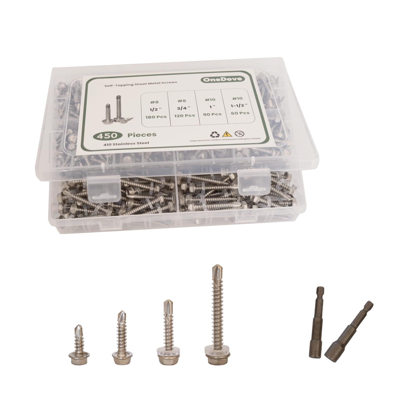 450 viti autofilettanti per metallo, viti autofilettanti in acciaio inossidabile 410, #8 1/2" 3/4" #10 1" 1-1/2", esagonale esterno