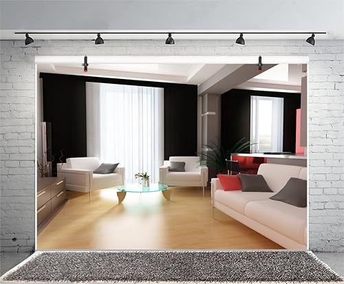 Miniatura 5 de Leyiyi 7x5ft Fotografía Fondo Chic Sala Fondo Hotel Negocios Caffee Moderno Oficina Diseño Interior Sofás Piso de Madera Ventanas Francesas Cortina