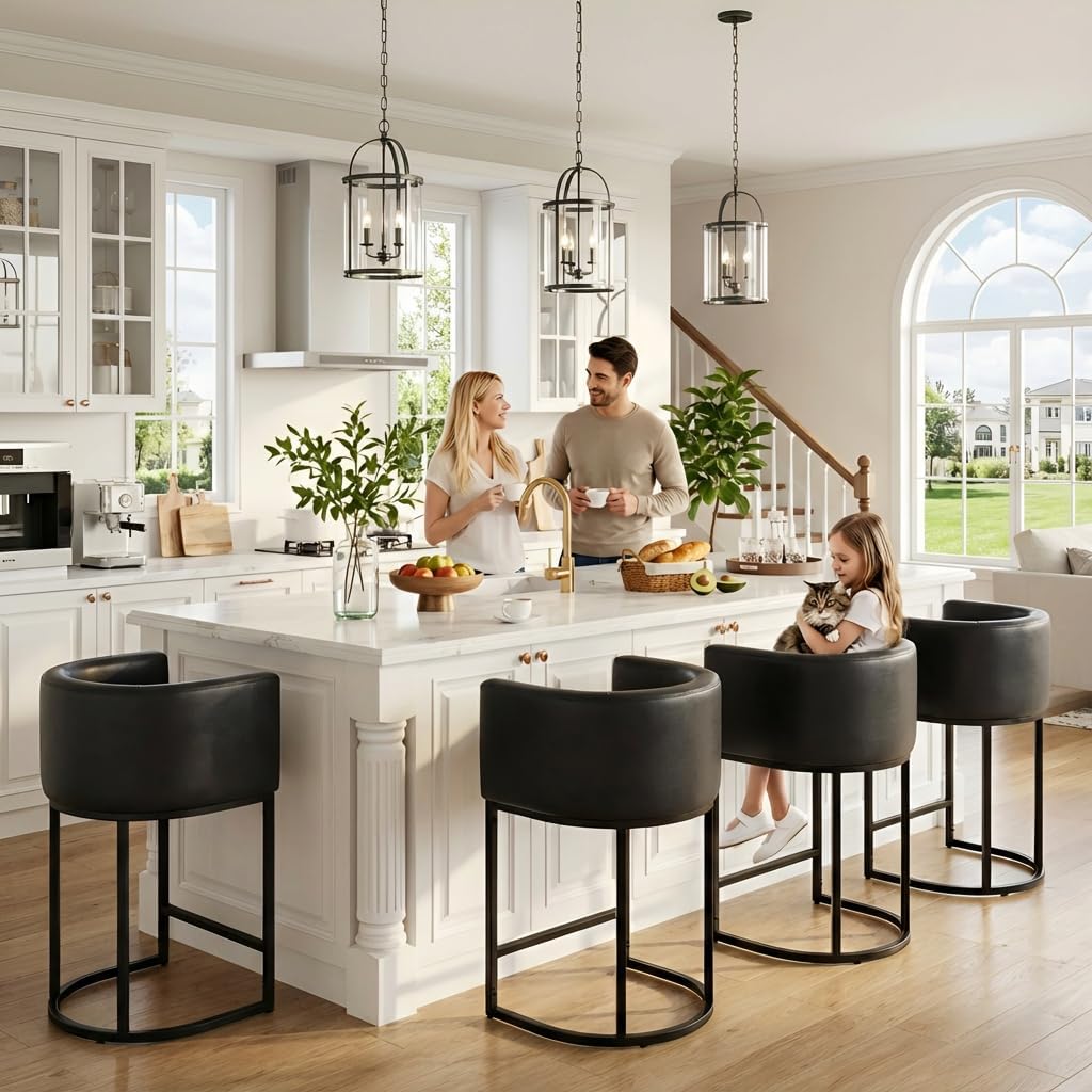 HNY Black Modern Barrel Counter Height Clearance Bar Stools Set of 3, 24 Inch PU Leather Kitchen Barstools with Back for Island, with Black Metal Tubular Frame