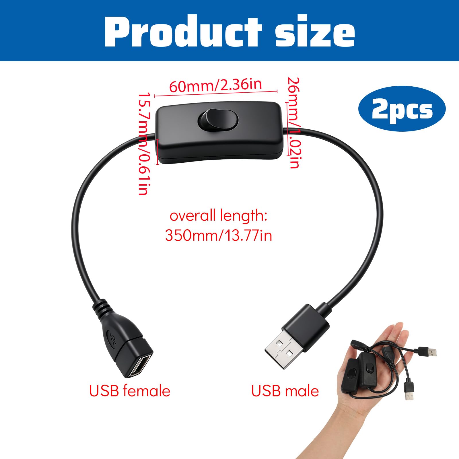 2 Stück USB Schalter Kabel 0,3 M, USB Kabel mit Ein/Aus Schalter für Dashcams, LED-Schreibtischlampen USB Lüfter LED Streifen Niederspannung Geräte, Verlängerungskabel, Stromversorgung