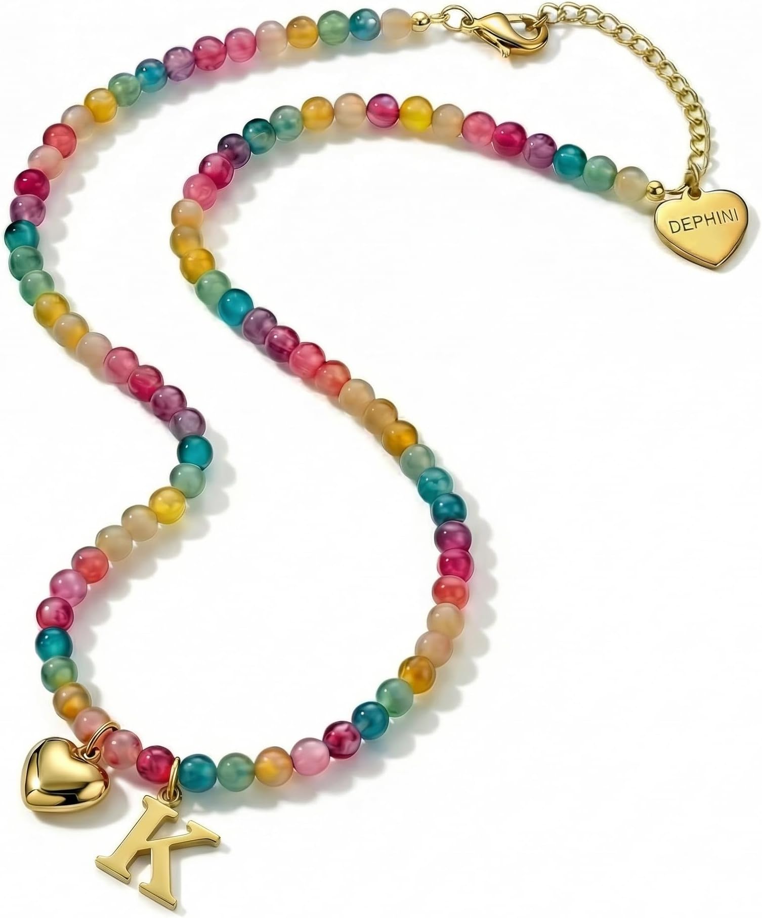 Initial Necklace for Women, Colorful Natural Gemstone Beaded Necklace with Heart & Alphabet A Letter Pendant, 18K Gold Plated Stainless Steel Boho Personalized Jewelry Gift (K)