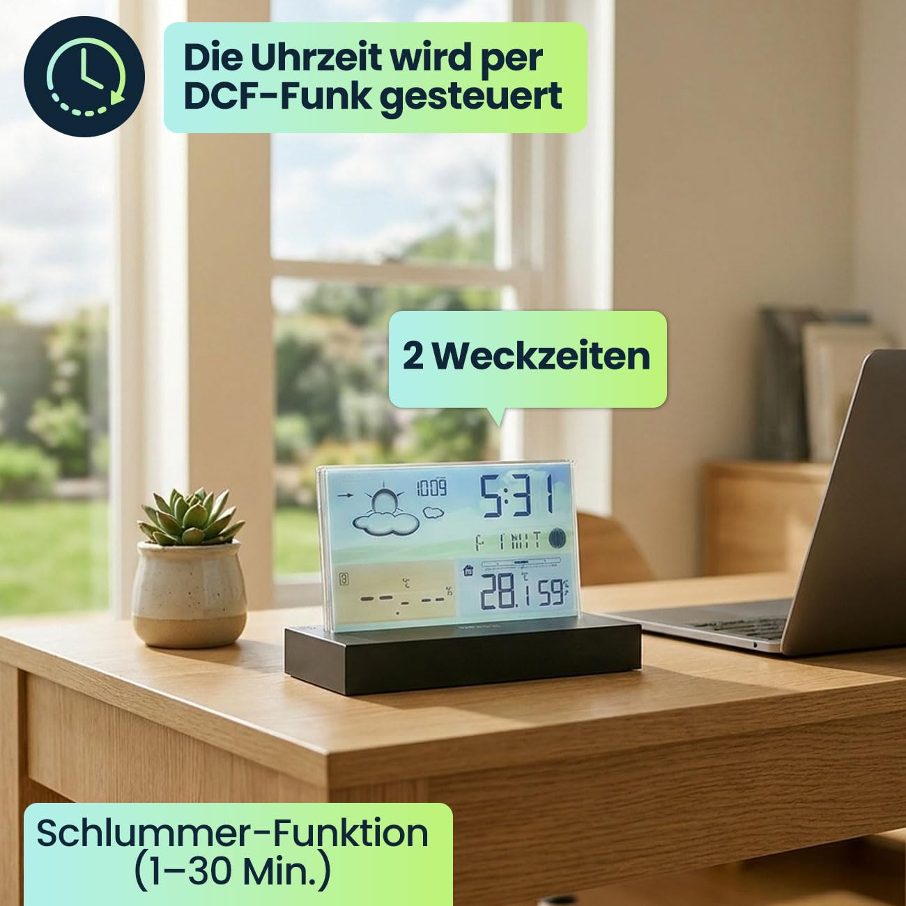 ideoon Moderne Funk-Wetterstation farbig: Rahmenloses LCD-Display für präzise Wetterprognose & Hygrometer – Mit Aussensensor