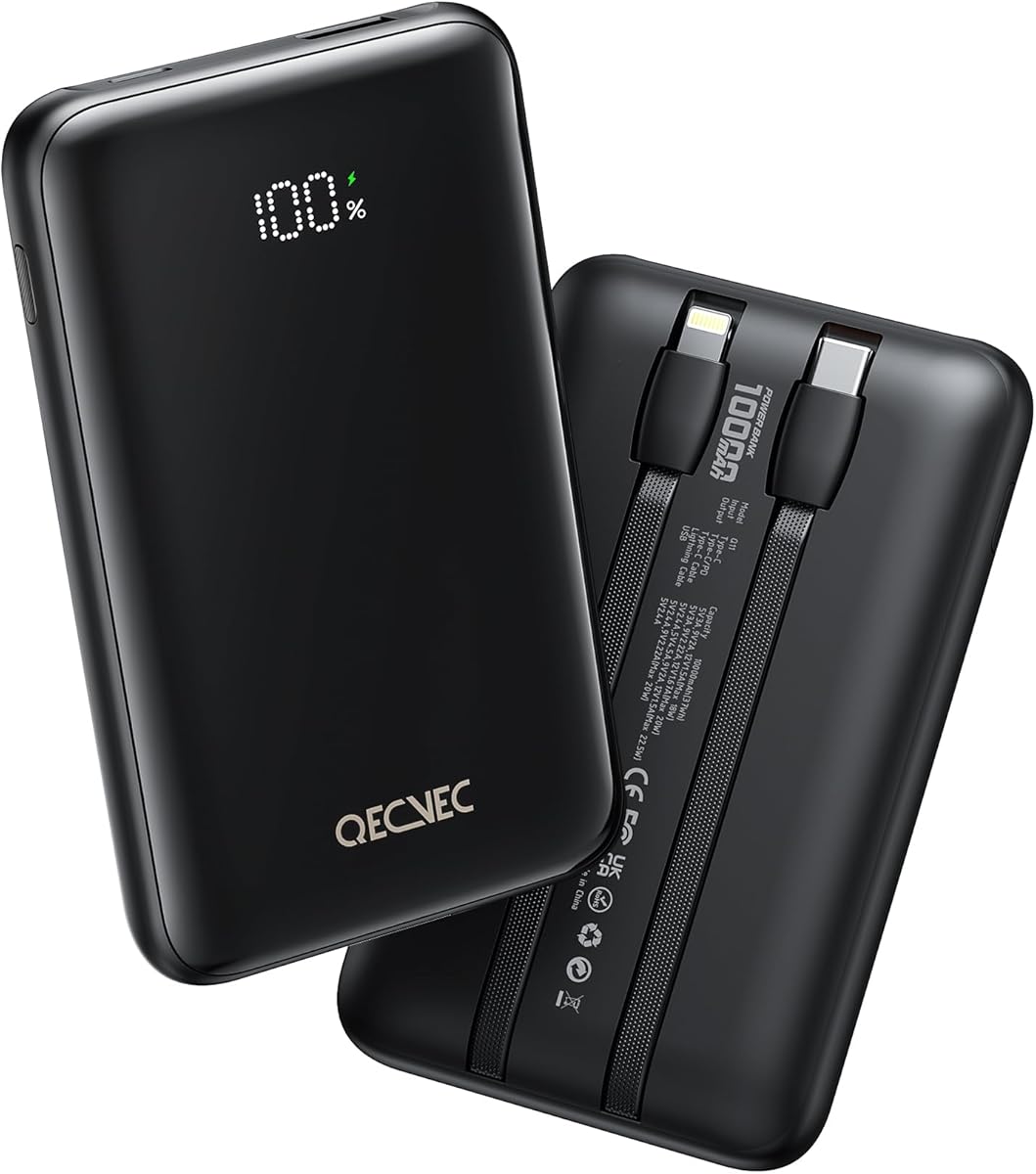 Portable Charger 10000mAh, Cell Phone Portable Power Banks with 22.5W PD Fast Charging, Compact Phone Charger Built in Cable, Compatible with Apple, Samsung, Google, Motorola and More (Black)