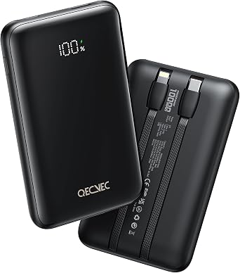 Portable Charger 10000mAh, Cell Phone Portable Power Banks with 22.5W PD Fast Charging, Compact Phone Charger Built in Cable, Compatible with Apple, Samsung, Google, Motorola and More-Black