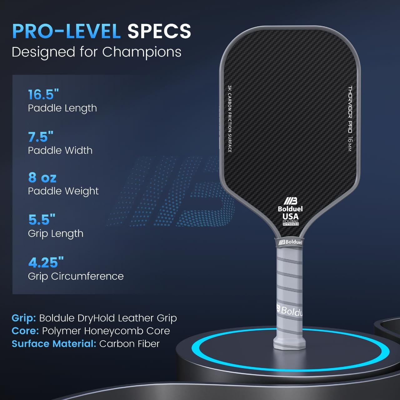 USAPA Approved Carbon Fiber Pickleball Paddles Pro-Level for Aggressive, Offensive Player, Pickleball Paddle with 16mm Polymer Honeycomb Core & Overgrips, Maximum Control & Spin & Power