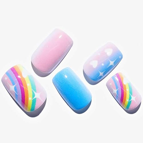 GLAMERMAID Uñas postizas cuadradas cortas para el mes del orgullo, uñas adhesivas rosadas y azules con diseño de cielo arcoíris, uñas postizas