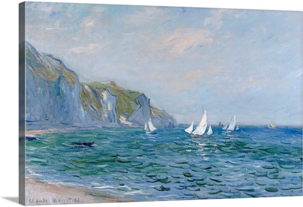 CANVAS ON DEMAND Cliffs and Sailboats At Pourville Canvas Wall Art Print by Claude Monet, Impressionism, Coastal, Traditional, Home Decor, Ocean Artwork,48" x32in