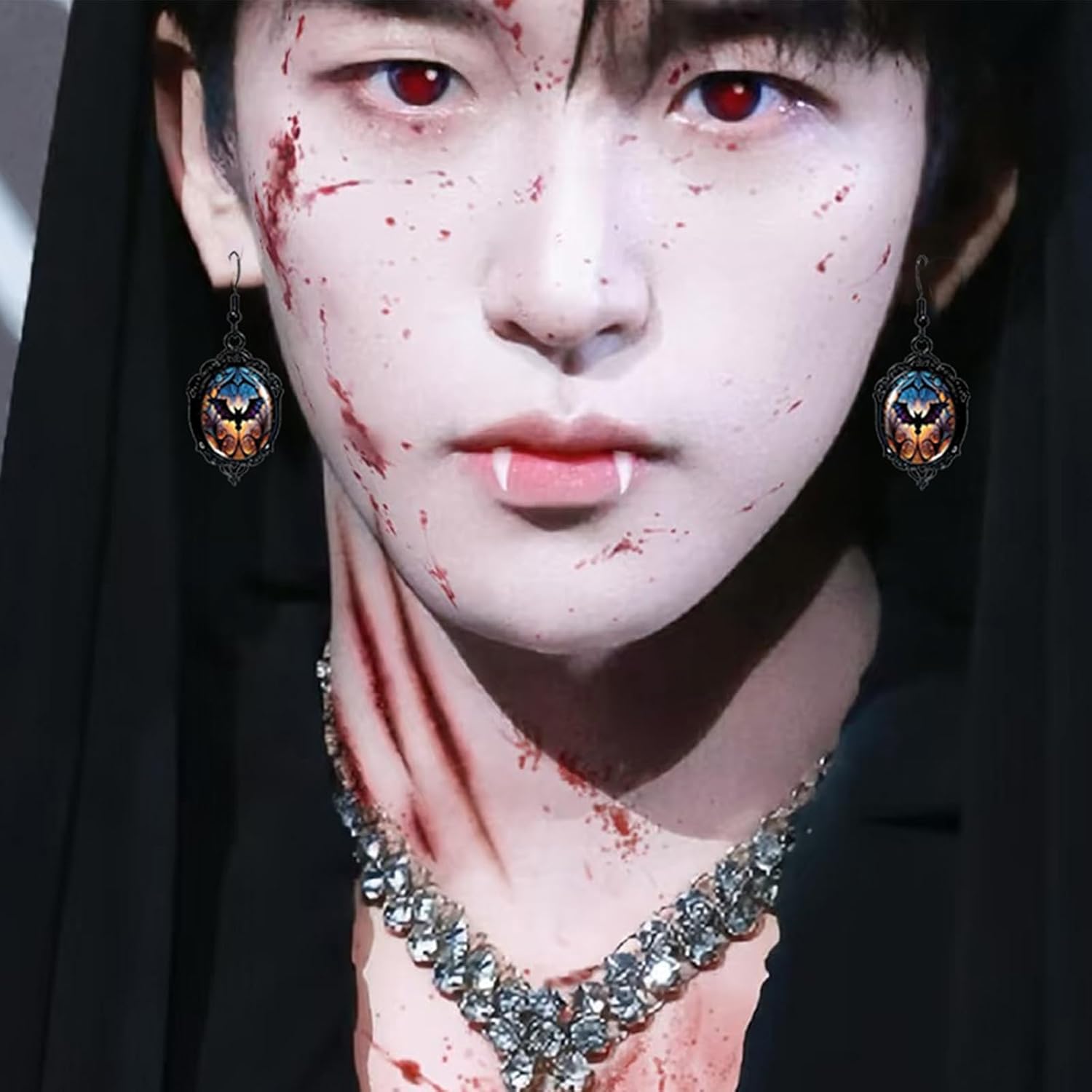 Goth Earrings Necklace for Women Goth Jewelry Set Vintage Gothic Raven Bat Witch Glass Cameo Earrings Punk Style Raven Bat Witch Necklace Gothic Jewelry Gifts for Women - Image 4