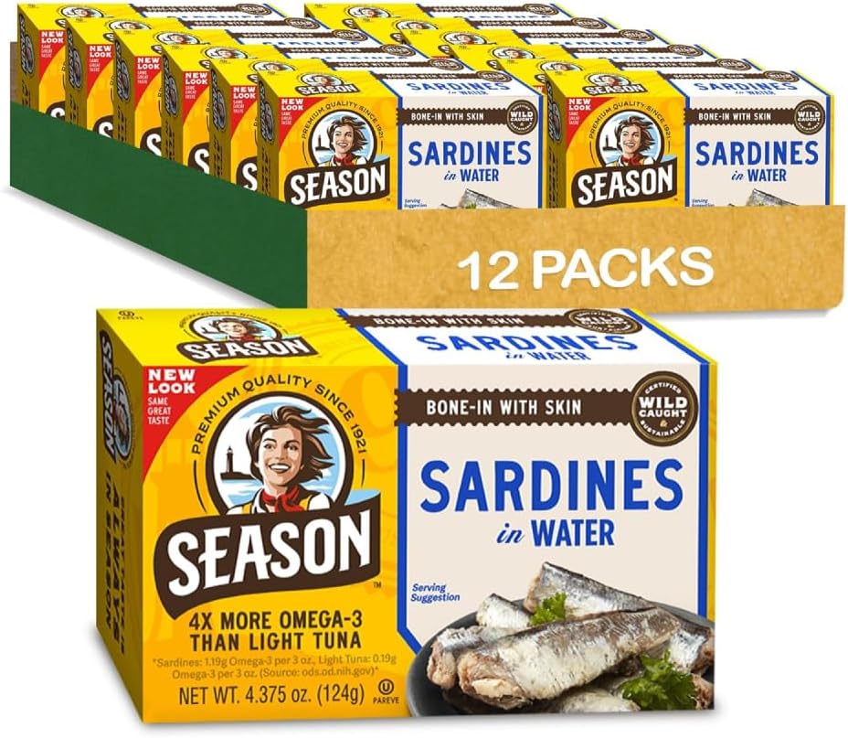 Season Sardines in Water โ Wild Caught Fish, 22g of Protein, Keto Snacks, More Omega 3's Than Tuna, High in Calcium, Canned Sardines โ 4.37 Oz Tins, 12-Pack
