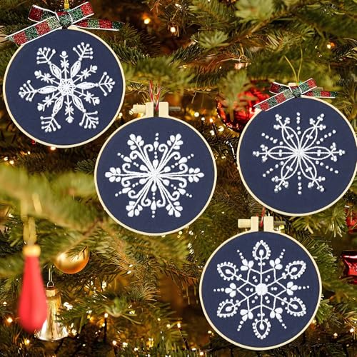 Image of Armindou Christmas Embroidery Starter Kits for Beginners Adults, Winter Snowflake Hand Embroidery Needlepoint DIY Kits, Christmas Stamped Cross Stitch Kits for Beginners Adults, 4 Set Embroidery Hoops