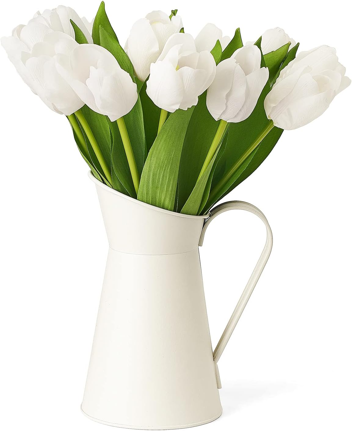 Mkono 13pcs Artificial Tulips and Flower Vase, Artificial Flowers Real Touch with White Galvanized Metal Vase Set, Fake Flowers Tulip in Jug Vase Holder for Table Home Kitchen Dining Room Office Decor